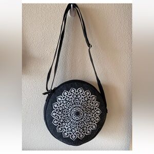 Black Round Crossbody Bag with White Mandala Embroidery